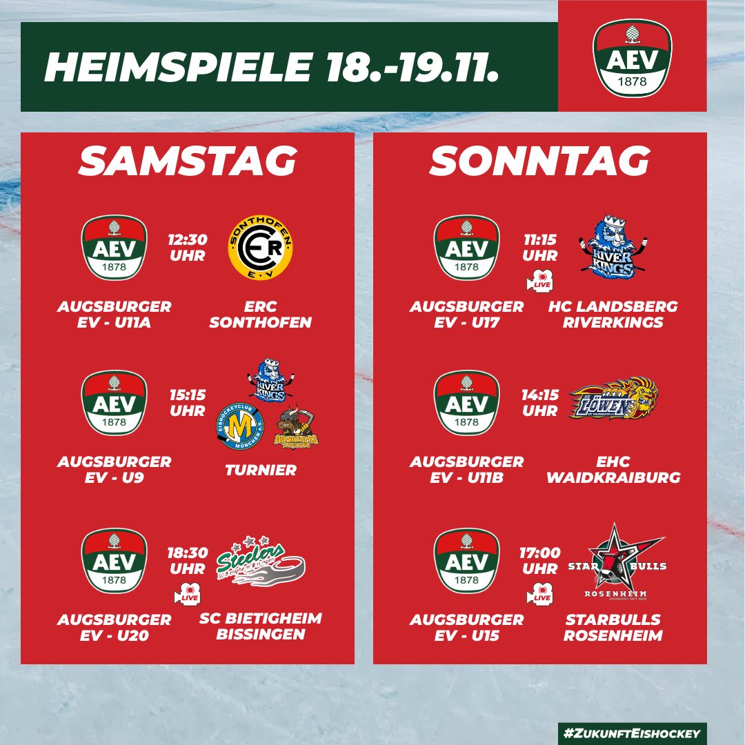 Die kommenden Heimspiele des AEV im Curt-Frenzel-Stadion. Spiele mit Kamerasymbol werden live auf staige.tv übertragen. #NurDerAEV #ZukunftEishockey