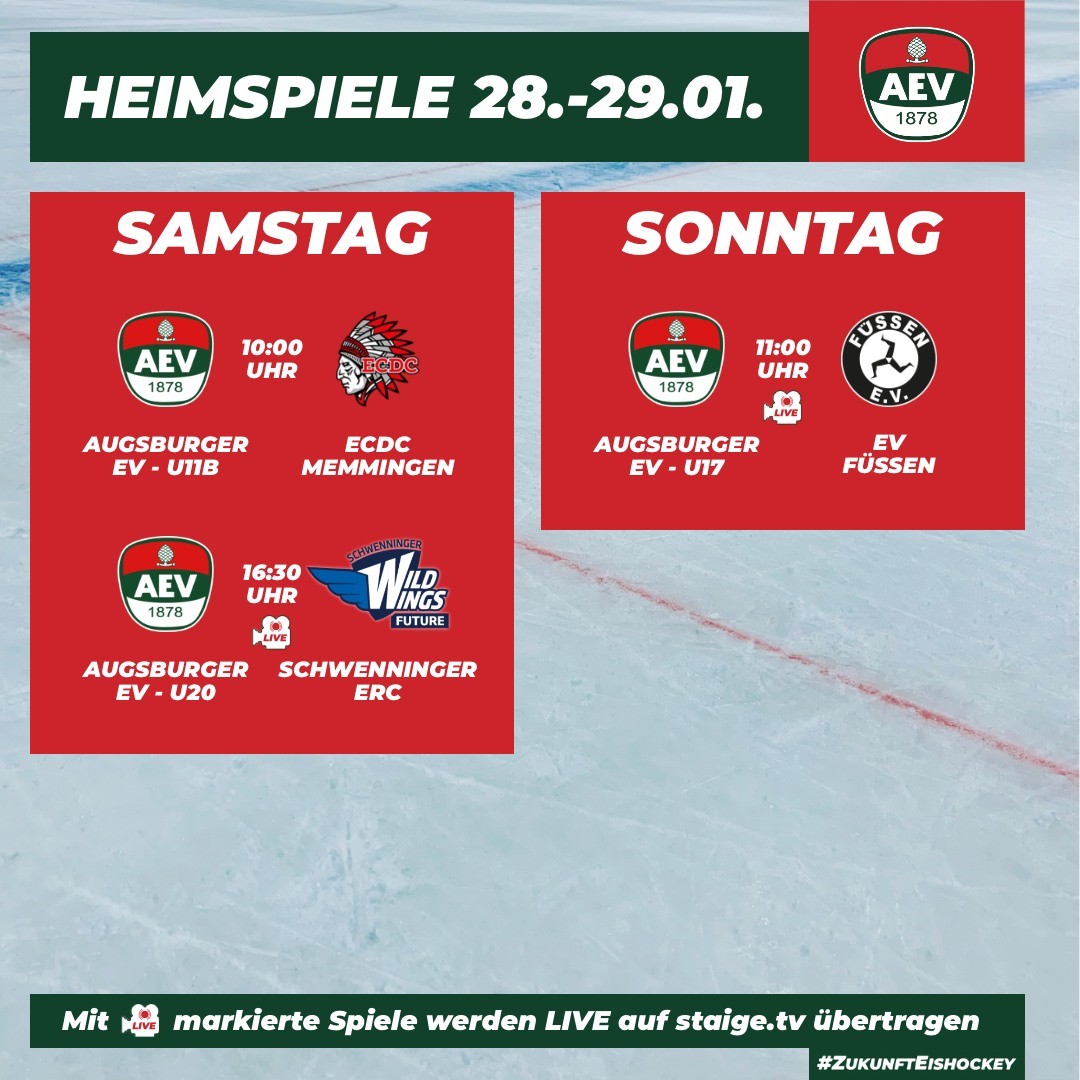 Die kommenden Heimspiele des AEV im Curt-Frenzel-Stadion.
Spiele mit Kamerasymbol werden live auf staige.tv übertragen.
#NurDerAEV #ZukunftEishockey